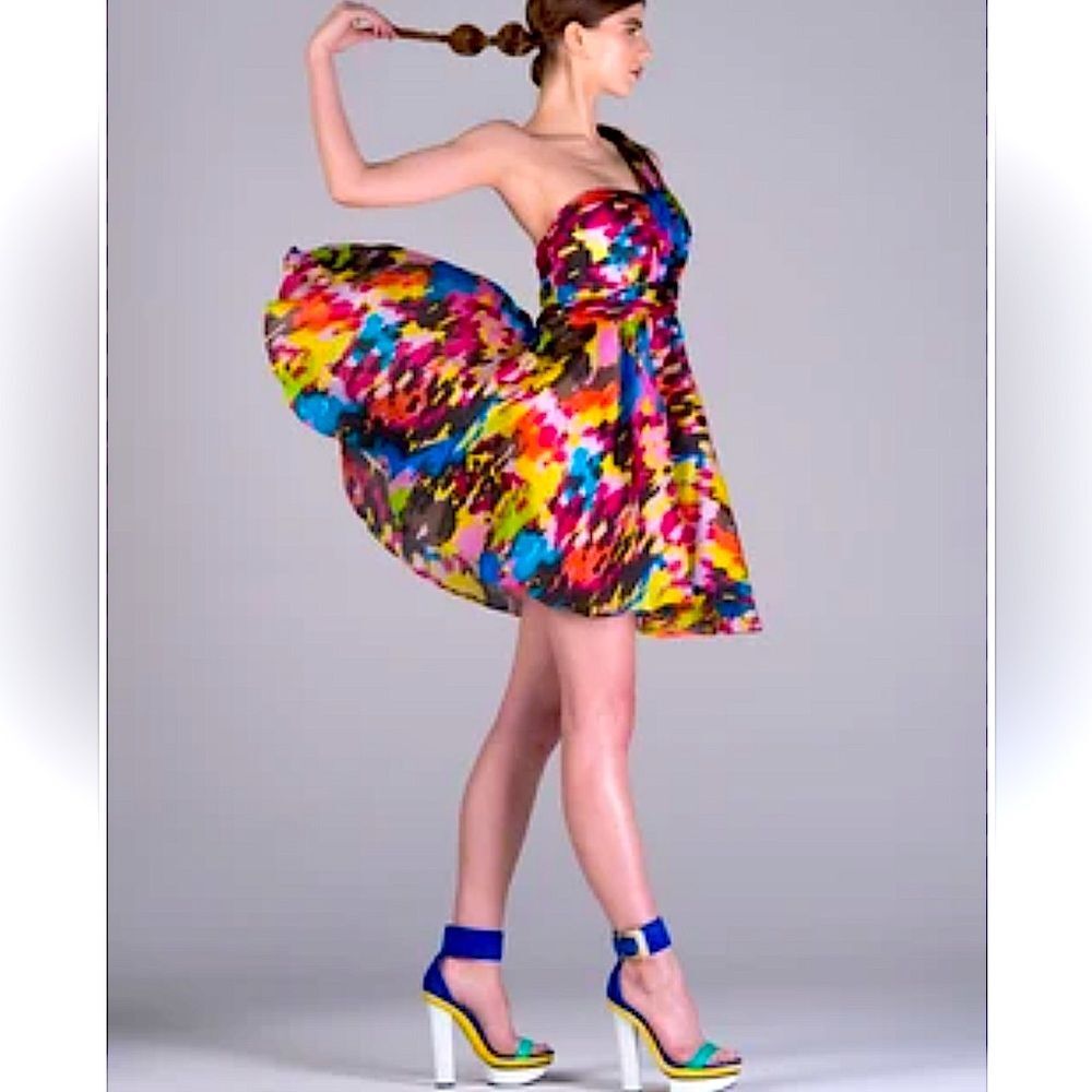 Anthropologie Minuet artsy One Shoulder Silk Dress Abstract Print Cocktail